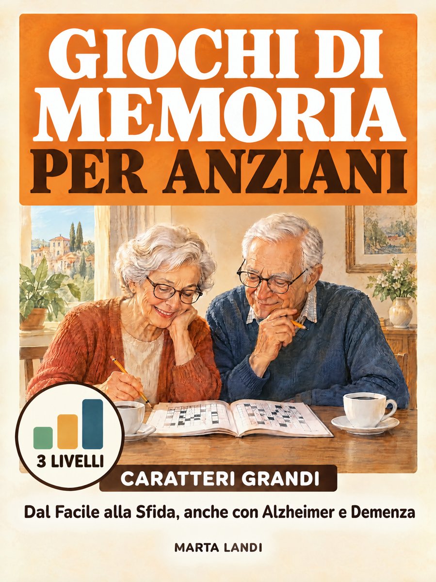 Copertina del libro Giochi di Memoria per Anziani: dal facile alla sfida, caratteri grandi